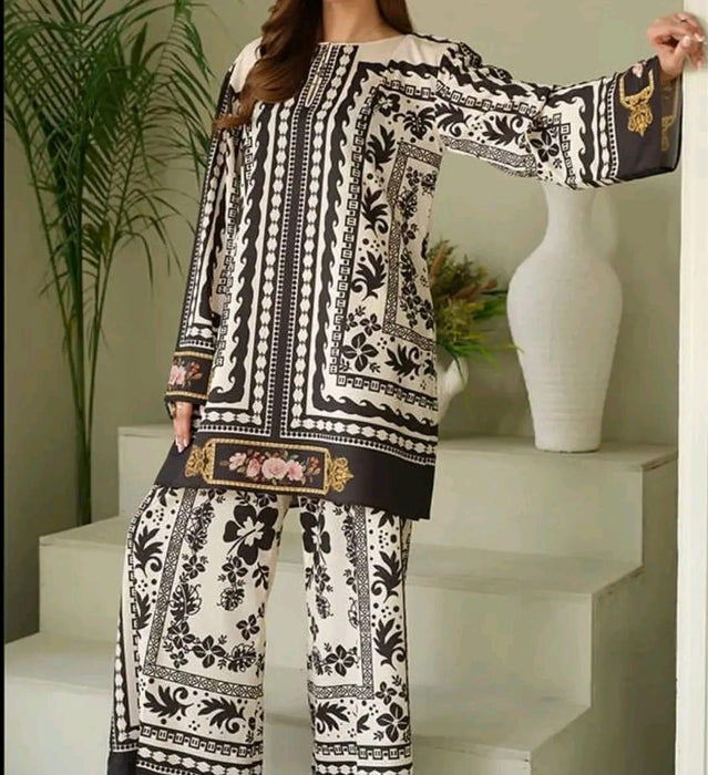 Stylish Women's Stitched Khaddar Shirt and Trouser Set - 2 Pcs Printed Ensemble