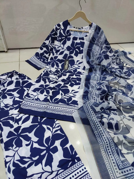 Trendy Printed Silk Suit - 3 Pcs Set in Blue & White