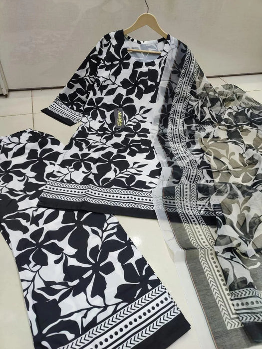 Elegant Black Printed Silk Suit - 3 Pcs Ensemble