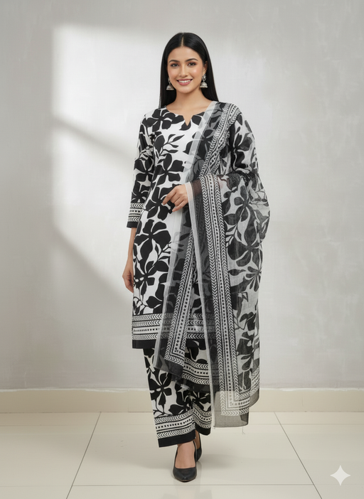 Elegant Black Printed Silk Suit - 3 Pcs Ensemble